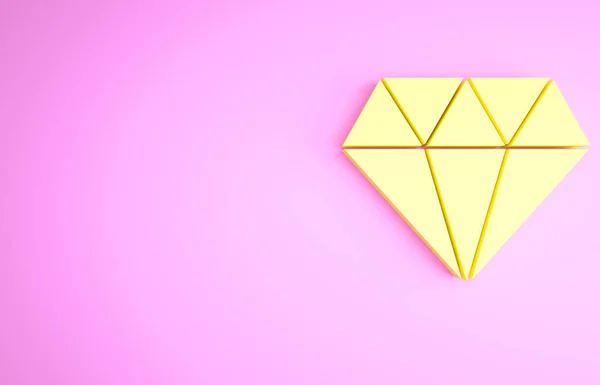 Ícone de diamante amarelo isolado no fundo rosa. Símbolo de jóias. Pedra preciosa. Conceito de minimalismo. 3D ilustração 3D render — Fotografia de Stock