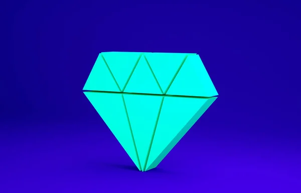 緑のダイヤモンドアイコンは青の背景に隔離されています。ジュエリーシンボル。宝石だ。最小限の概念。3Dイラスト3Dレンダリング — ストック写真