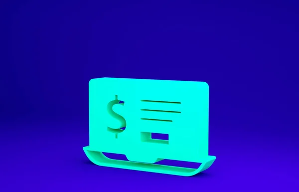 Green Laptop s ikonou dolaru izolované na modrém pozadí. Posílání peněz po celém světě, převody peněz, internetové bankovnictví, finanční transakce. Minimalismus. 3D ilustrace 3D vykreslení — Stock fotografie