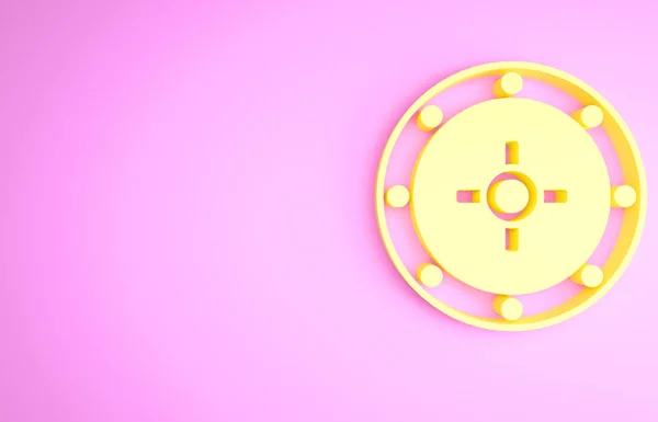 Yellow Safe εικονίδιο απομονώνονται σε ροζ φόντο. Η πόρτα ασφαλίζει ένα θησαυροφυλάκιο τράπεζας με κλειδαριά συνδυασμού. Αξιόπιστη προστασία δεδομένων. Μινιμαλιστική έννοια. 3d απεικόνιση 3D καθιστούν — Φωτογραφία Αρχείου