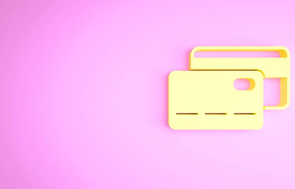 Icono amarillo de la tarjeta de crédito aislado sobre fondo rosa. Pago en línea. Retiro de efectivo. Operaciones financieras. Señal de compra. Concepto minimalista. 3D ilustración 3D render — Foto de Stock