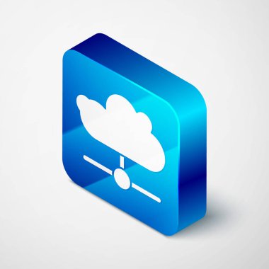 Gri arkaplanda Isometric Network bulut bağlantı simgesi izole edildi. Sosyal teknoloji. Bulut hesaplama konsepti. Mavi kare düğme. Vektör