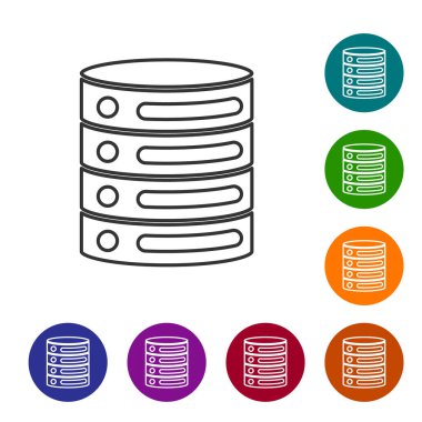 Siyah çizgi sunucusu, Data, Web sunucu simgesi beyaz arkaplanda izole edildi. Simgeleri renk daire düğmelerine ayarla. Vektör