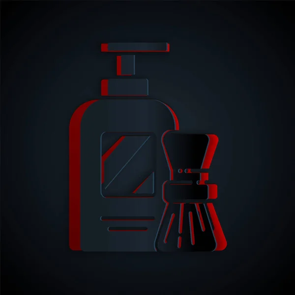 Corte de papel Shaving gel espuma e escova ícone isolado no fundo preto. Creme de barbear. Estilo de arte de papel. Ilustração vetorial — Vetor de Stock