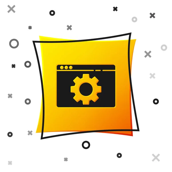 Icono de configuración del navegador negro aislado sobre fondo blanco. Ajuste, servicio, mantenimiento, reparación, fijación. Botón cuadrado amarillo. Ilustración vectorial — Archivo Imágenes Vectoriales