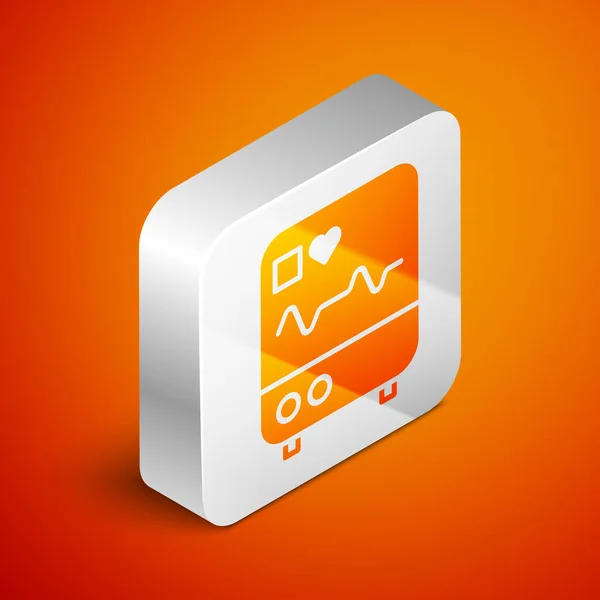 Monitor de computadora isométrico con icono de cardiograma aislado sobre fondo naranja. Icono de monitoreo. Monitor ECG con latidos cardíacos dibujados a mano. Botón cuadrado plateado. Ilustración vectorial — Vector de stock