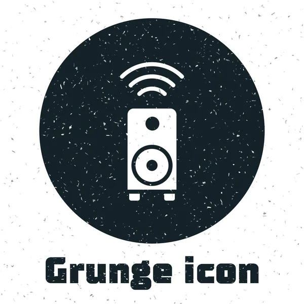 Grunge Smart stereo reproduktor systém ikona izolované na bílém pozadí. Reproduktory zvukového systému. Internet věcí koncept s bezdrátovým připojením. Černobílý vinobraní. Vektor — Stockový vektor