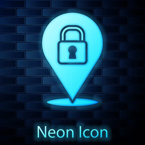 Izzó neon Helyszín zár ikon elszigetelt téglafal háttér. A kulcsrakész koncepció. Vektor — Stock Vector