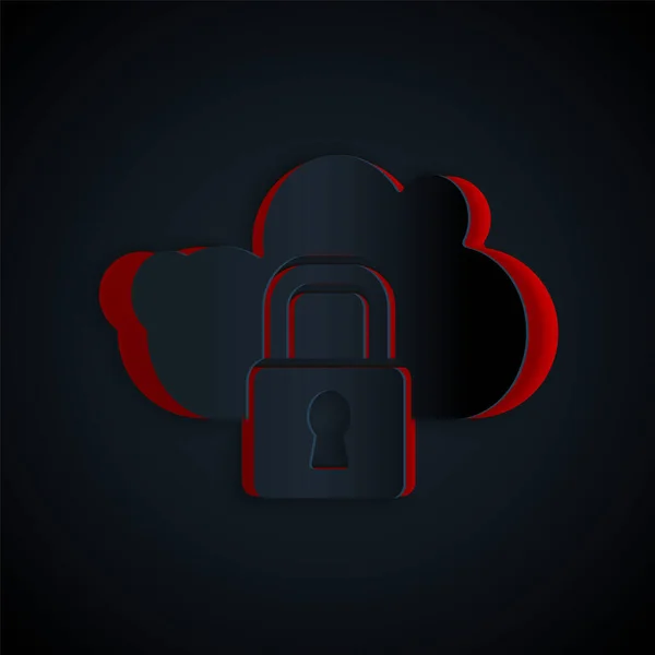 Papier gesneden Cloud computing lock pictogram geïsoleerd op zwarte achtergrond. Beveiliging, veiligheid, beschermingsconcept. Bescherming van persoonsgegevens. Papierkunst stijl. Vector — Stockvector