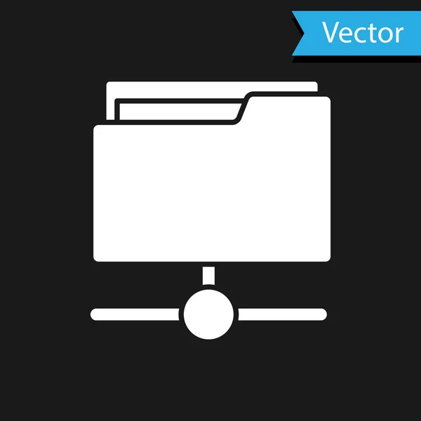 Icono blanco de la carpeta FTP aislado sobre fondo negro. Actualización de software, protocolo de transferencia, enrutador, gestión de herramientas de trabajo en equipo, proceso de copia, información. Vector — Vector de stock