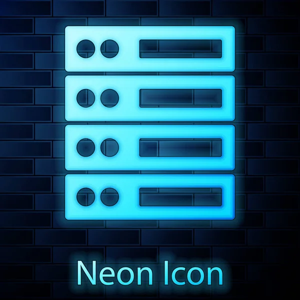 Server neon incandescente, dati, icona Web Hosting isolato su sfondo muro di mattoni. Vettore — Vettoriale Stock