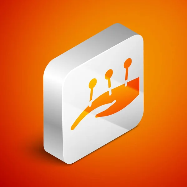 Isometric Acupuncture therapy on the hand icon isolated on orange background. Chinese medicine. Holistic pain management treatments. Silver square button. Vector