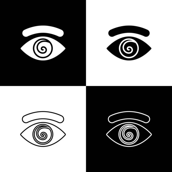 Set Icono de hipnosis aislado sobre fondo blanco y negro. Ojo humano con iris hipnótico espiral. Vector — Archivo Imágenes Vectoriales