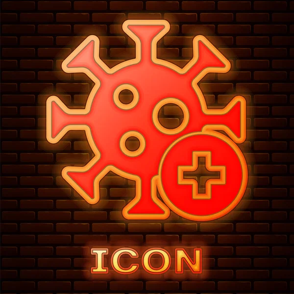 Icona luminosa al neon virus positivo isolato su sfondo muro di mattoni. Virus Corona 2019-nCoV. Batteri e germi, cancro alle cellule, microbi, funghi. Vettore. — Vettoriale Stock