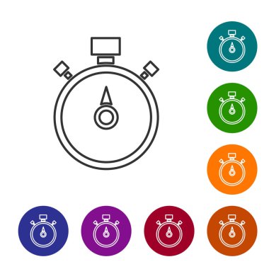 Siyah çizgi Stopwatch simgesi beyaz arkaplanda izole edildi. Zaman göstergesi. Kronometre işareti. Simgeleri renk daire düğmelerine ayarla. Vektör