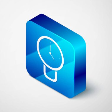 Gri arkaplanda Isometric Saat simgesi izole edildi. Zaman sembolü. Mavi kare düğme. Vektör