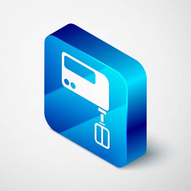 Isometric Elektrik Karıştırıcı simgesi gri arkaplanda izole edildi. Mutfak blenderi. Mavi kare düğme. Vektör