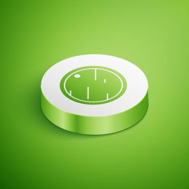 Isometric kesme tahtası simgesi yeşil arkaplanda izole edildi. Kesme tahtası sembolü. Beyaz daire düğmesi. Vektör