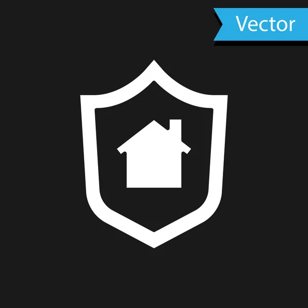 Maison Blanche avec icône de bouclier isolé sur fond noir. Concept d'assurance. Sécurité, sûreté, protection, concept de protection. Vecteur. — Image vectorielle