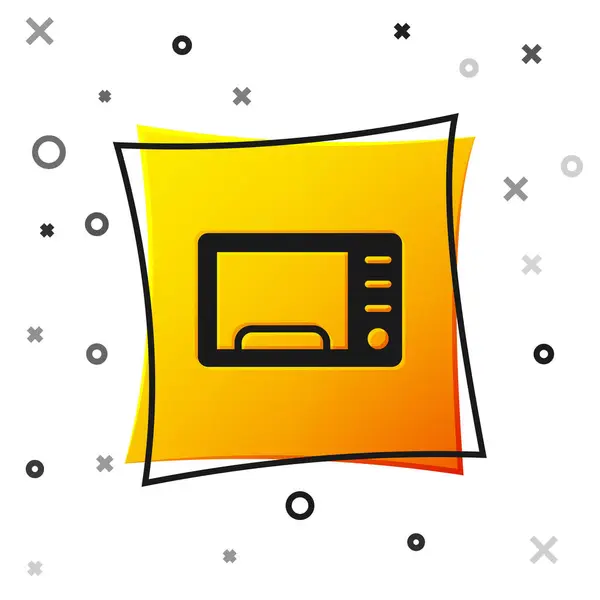 Icono horno microondas negro aislado sobre fondo blanco. Icono de electrodomésticos. Botón cuadrado amarillo. Vector — Archivo Imágenes Vectoriales