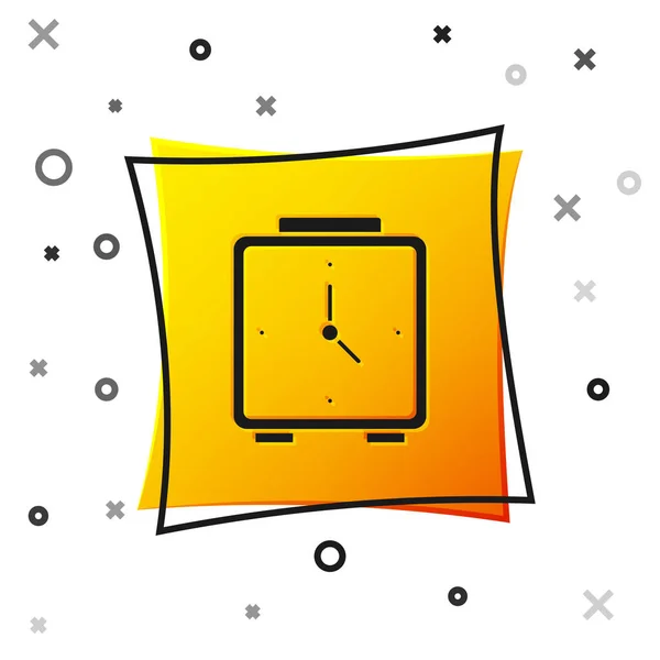 Icono de despertador negro aislado sobre fondo blanco. Despierta, levántate concepto. Señal de tiempo. Botón cuadrado amarillo. Vector — Archivo Imágenes Vectoriales