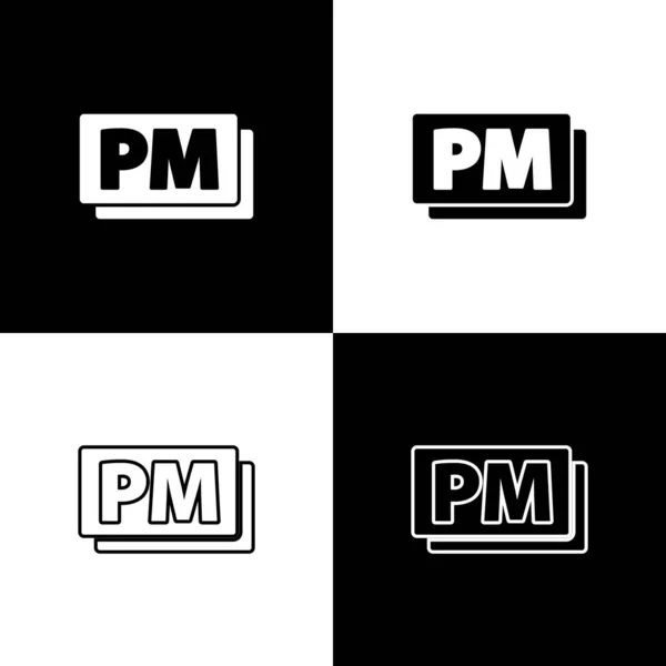 Set Clock PM icon isolated on black and white background. Time symbol. Vector — Stock Vector