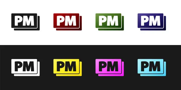 Definir Relógio PM ícone isolado no fundo preto e branco. Símbolo temporal. Vetor —  Vetores de Stock