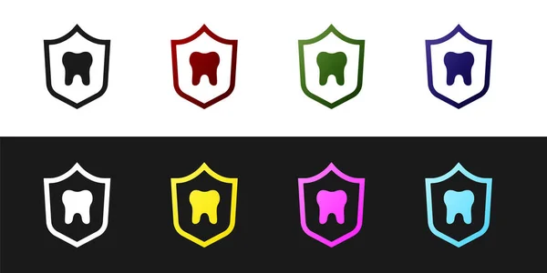 Set Zahnschutzsymbol isoliert auf schwarzem und weißem Hintergrund. Zahn auf Schild-Logo. Vektor — Stockvektor