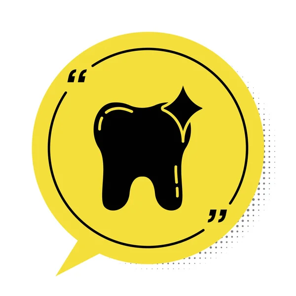 Black Tooth whitening concept icon isolated on white background. Tooth symbol for dentistry clinic or dentist medical center. Yellow speech bubble symbol. Vector — Stock Vector