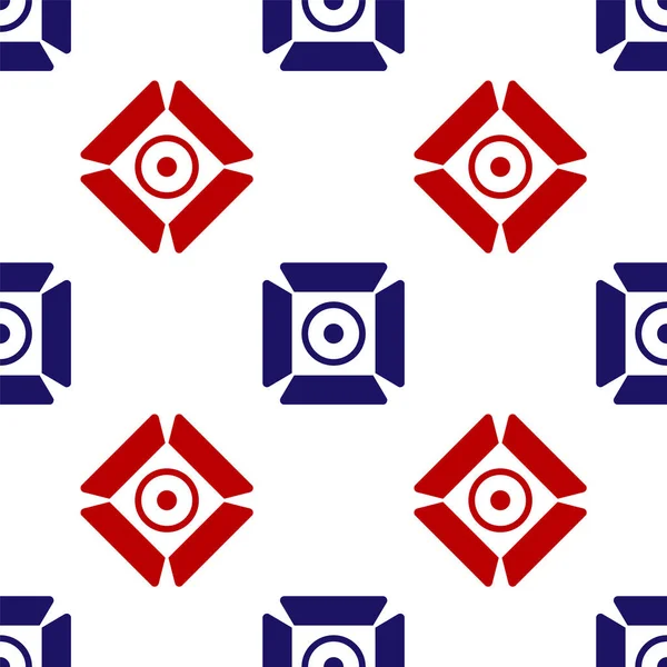 Icono de proyector de película azul y rojo aislado patrón sin costuras sobre fondo blanco. Efecto de luz. Escena, estudio, espectáculo. Vector — Archivo Imágenes Vectoriales