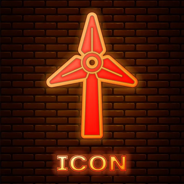 Leuchtende Neon-Windturbine Ikone isoliert auf Backsteinwand Hintergrund. Windgenerator-Schild. Windmühle zur Stromerzeugung. Vektor — Stockvektor