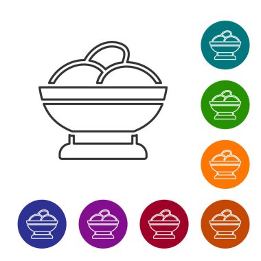 Siyah çizgi Varenyky beyaz arka planda izole edilmiş bir kase ikonunda. Pierogi, varenyky, hamur tatlısı, pelmeni, ravioli. Geleneksel Ukrayna yemekleri. Simgeleri renk daire düğmelerine ayarla. Vektör