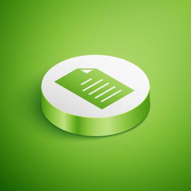 Isometric Dosya simgesi yeşil arkaplanda izole edildi. Kontrol listesi simgesi. İş konsepti. Beyaz daire düğmesi. Vektör