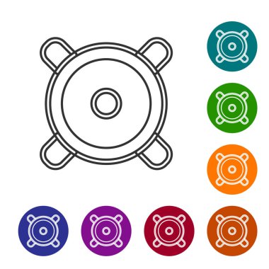 Siyah çizgi Stereo hoparlör simgesi beyaz arkaplanda izole edildi. Ses sistemi hoparlörleri. Müzik ikonu. Müzikal sütun hoparlörü. Simgeleri renk daire düğmelerine ayarla. Vektör