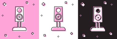 Stereo hoparlör simgesini pembe beyaz siyah arkaplanda izole et. Ses sistemi hoparlörleri. Müzik ikonu. Müzikal sütun hoparlörü. Vektör
