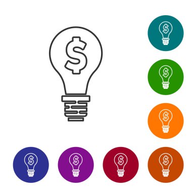 Beyaz zemin üzerinde dolar sembolü olan siyah çizgi lambası. Para fikir üretir. Fintech yenilik konsepti. Simgeleri renk daire düğmelerine ayarla. Vektör