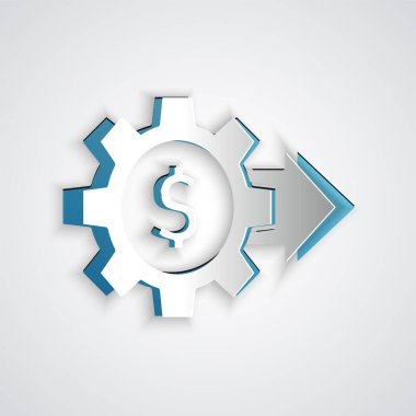 Kağıt, gri arka planda dolar sembolü simgesi olan Gear 'ı kesti. İş ve finans kavramsal ikonu. Kağıt sanatı tarzı. Vektör