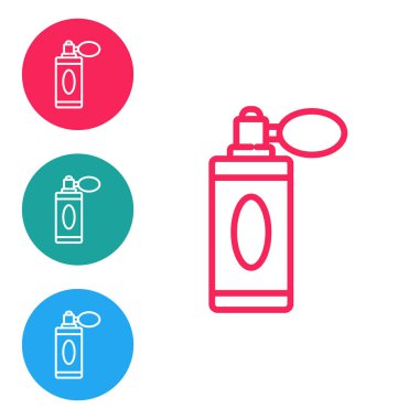 Beyaz arka planda izole edilmiş atom ikonu olan kırmızı çizgi tıraş losyonu şişesi. Parfüm spreyi ikonu. Erkek parfüm şişesi. Simgeleri daire düğmelerine ayır. Vektör İllüstrasyonu