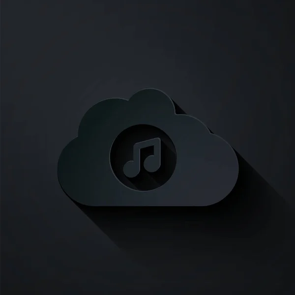 Řez papíru Ikona služby streamování hudby izolované na černém pozadí. Sound cloud computing, online streaming médií, song, audio wave. Papírový styl. Vektor — Stockový vektor