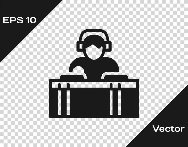 DJ negro con auriculares delante de las cubiertas de grabación icono aislado sobre fondo transparente. DJ tocando música. Vector — Vector de stock