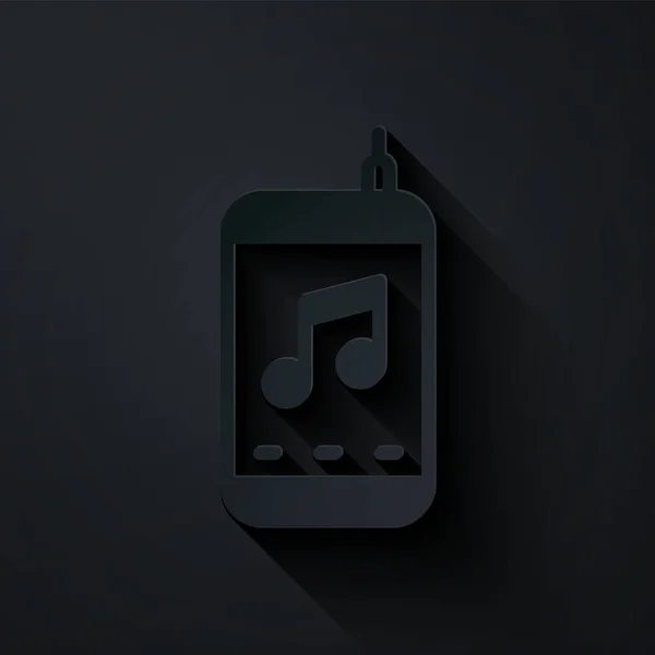 Corte de papel Icono del reproductor de música aislado sobre fondo negro. Dispositivo de música portátil. Estilo de arte de papel. Vector — Vector de stock