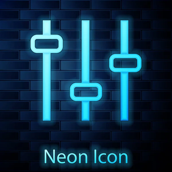 Glödande neon Musik equalizer ikon isolerad på tegel vägg bakgrund. Ljudvåg. Ljud digital equalizer teknik, konsol panel, puls musikalisk. Vektor — Stock vektor