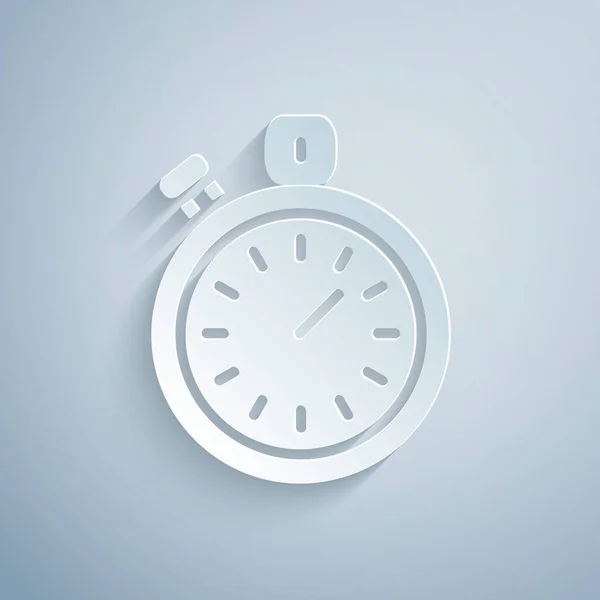 Icona del cronometro tagliato carta isolata su sfondo grigio. Un timer temporale. Segno cronometro. Stile cartaceo. Vettore — Vettoriale Stock