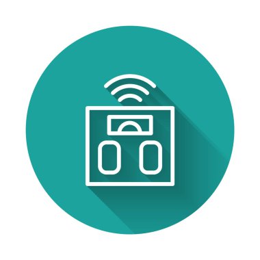 Beyaz çizgi Akıllı banyo ölçekleri uzun gölgeli izole edilmiş. Ağırlık ölçüm aletleri. İnternet kavramının kablosuz bağlantısı. Yeşil daire düğmesi. Vektör