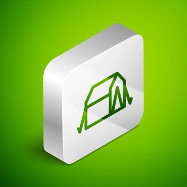 Isome hattı turist çadırı simgesi yeşil arka planda izole edildi. Kamp sembolü. Gümüş kare düğme. Vektör