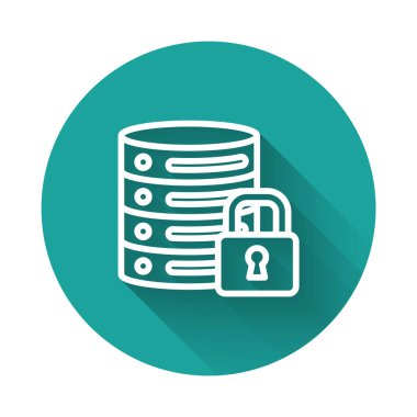 Kapalı asma kilit simgesine sahip beyaz çizgi sunucusu güvenliği uzun gölgeli izole edildi. Güvenlik, güvenlik, koruma kavramı. Yeşil daire düğmesi. Vektör