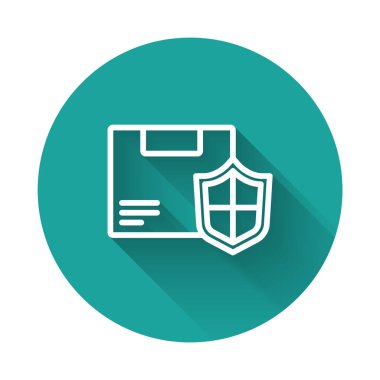 Beyaz hat teslimat güvenliği, uzun gölgeli kalkan ikonu ile izole edildi. Teslimat sigortası. Kalkanın ötesinde sigorta kutuları var. Yeşil daire düğmesi. Vektör.