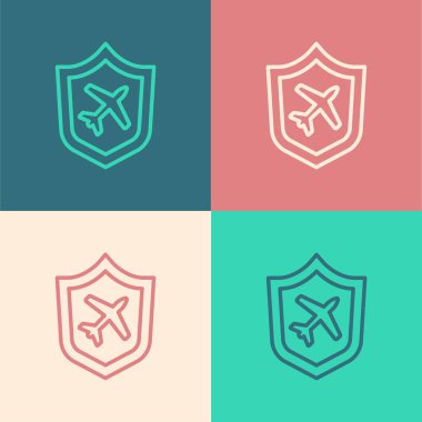 Renk arkaplanında kalkan simgesi olan Pop Art Line Plane. Uçan uçak. Uçak sigortası. Güvenlik, güvenlik, koruma, konsept koruma. Vektör.