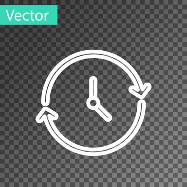 Şeffaf arkaplanda beyaz çizgi saat simgesi izole edildi. Zaman sembolü. Vektör
