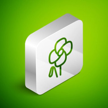 Isometric hattı Poppy çiçek simgesi yeşil arkaplanda izole edildi. Gümüş kare düğme. Vektör